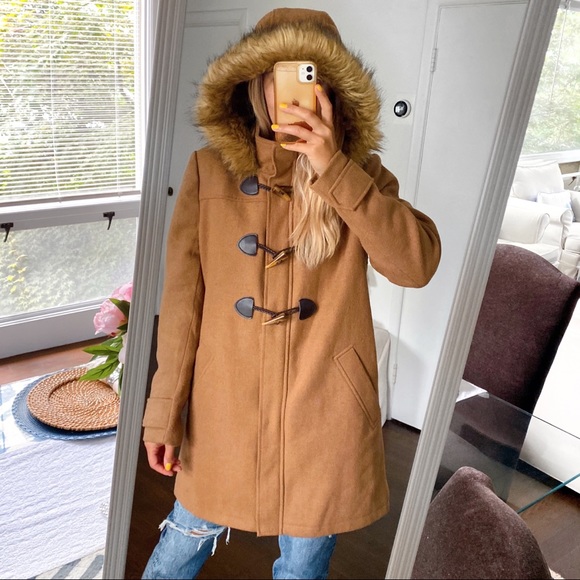 🍂 CHIC TAN FAUX FUR WOOL BLEND HOODED WINTER JACKET! - Picture 7 of 16